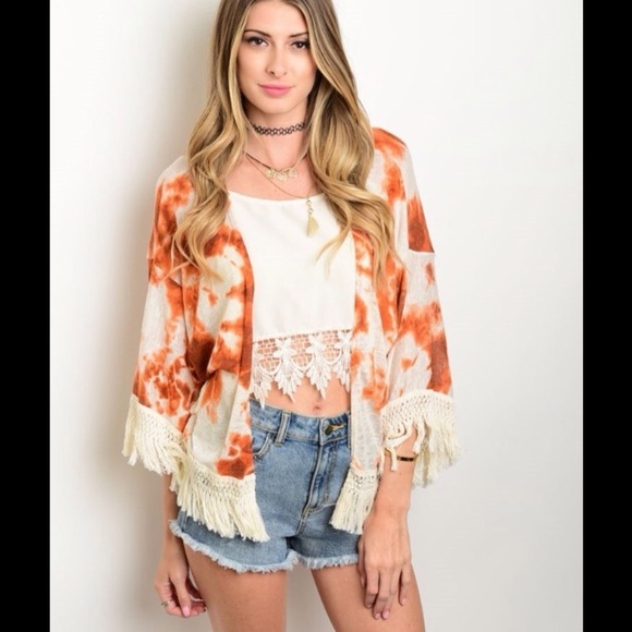 2/$30 - Black Bead - Orange Rust Tie-Dye Kimono - Picture 1 of 6